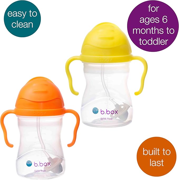 b.box Sippy Cup with Weighted Straw (2-Pack). Leak Proof, Easy Grip. BPA Free & Dishwasher Safe. Ideal for Babies 6m+ to Toddlers (lemon + orange zing, 8oz)