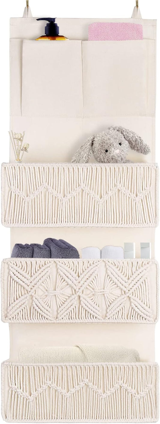 FEILANDUO Over The Door Organizer Boho Macrame Closet Organizers and Storage with 3 Large Woven Pockets Behind Door Organizer for Nursery, Pantry, Bathroom, Bedroom, Dorm (Ivory)