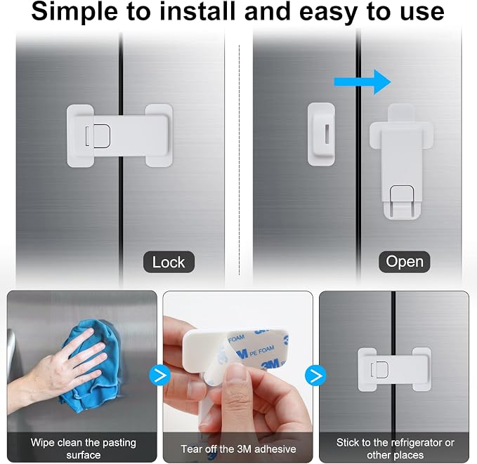 Fridge Locks for Kids, Child Proof Refrigerator Lock, Baby Safety French Fridge Door Lock, Child Cabinet Locks with Strong 3M Adhesive, No Drill, Tool-Free Install (2 Pack, White)