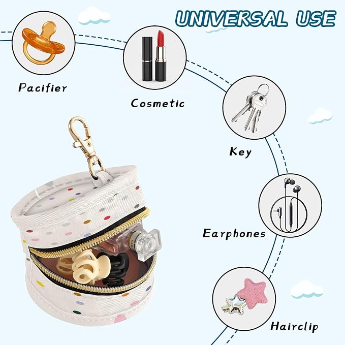 Pacifier Holder with Clip Pacifier Case for Diaper Bag Round Baby Pacifier Pouch Box Bag Portable Colorful Polka Dots Simple