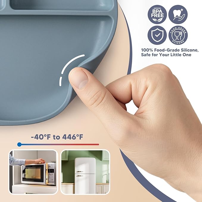 Suction Plates for Babies & Toddlers, 100% Silicone Divided Plates 2-Pack, Non-Slip Dishwasher & Microwave Safe Baby Feeding Essentials