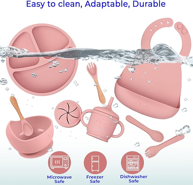 Silicone Baby Feeding Set, 10 Pcs Baby Led Weaning Supplies | BPA-Free Baby Dishes with Toddler Plates and Bowls Set, Silicone Bib, Suction Cup, Baby Spoons & Forks | Empower Independence ??Pink
