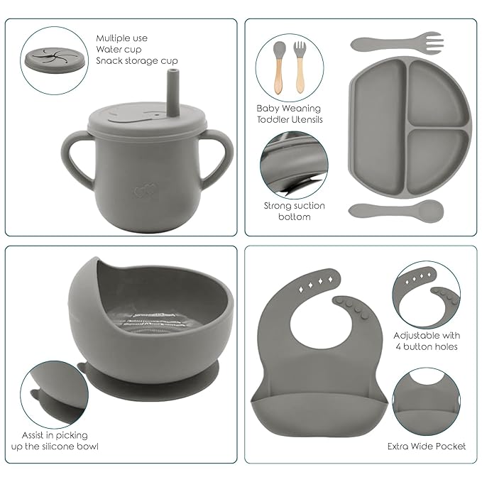 100% Silicone baby feeding set,BPA free Baby dishes set with Suction Bowl Divided Plate,Toddler Self Feeding Dish Set with Spoons Forks Sippy Cup And Bib, Baby Eating Utensils (Grey)