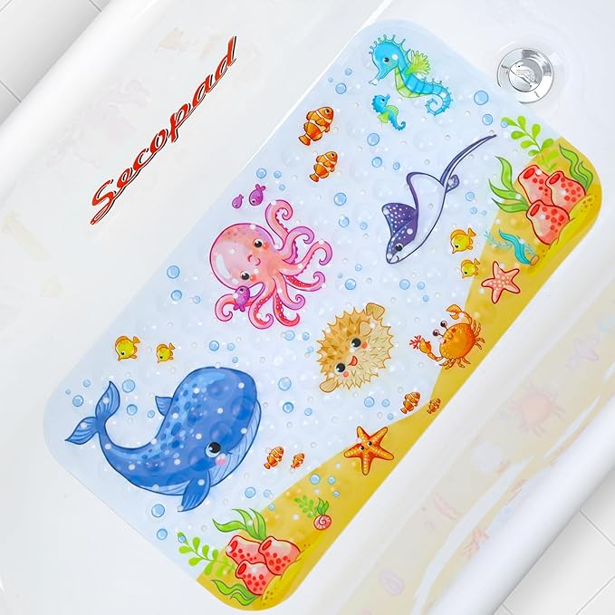 Secopad Bath Mat for Tub Non Slip, Machine Washable Anti-Slip Cartoon Baby Bathtub Shower Mat with Drain Holes and Suction Cups for Toddler & Kids, 27.5 Inch x 15 Inch-Rectangular, Pink Octopus