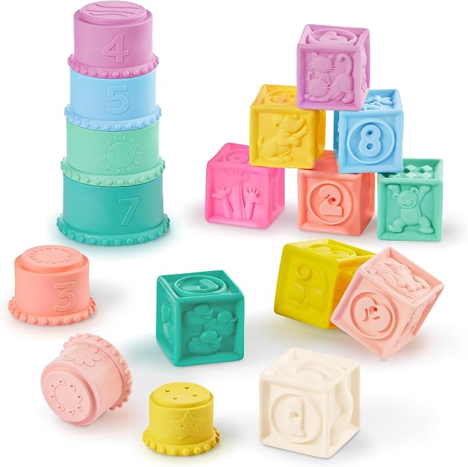 B. toys – Sensory Baby Toys – Soft Baby Blocks – Stacking Drip Cups – Numbers, Shapes & Animals – 6+ Months – Stackin' Squishies