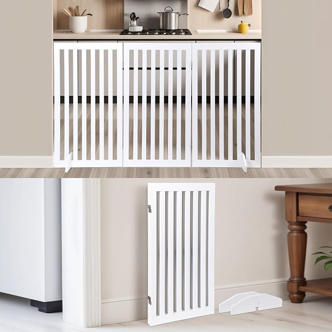 Nouva 36" H Pet Gate, 3 Panels Indoor Foldable Dog Fence, Dog Gate for Stairs Doorways, Hardwood Pet Gate, Freestanding Pet Fence, White