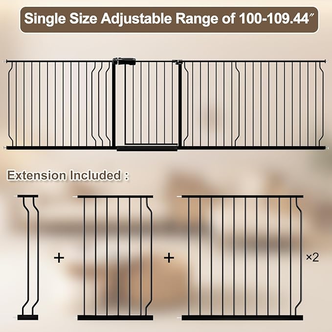 WAOWAO Baby Gate 100-109.42" Extra Wide Pressure Mounted Walk Through Swing Auto Close Safety Black Metal Toddler Kids Child Dog Pet Puppy for Stairs,Doorways,Kitchen