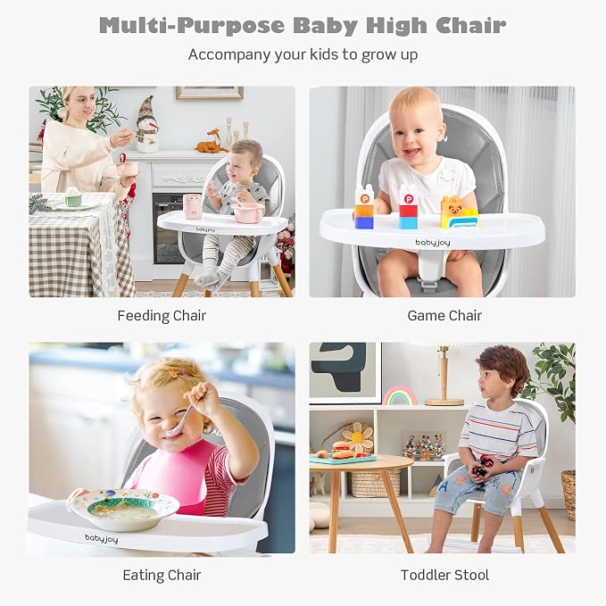 BABY JOY Convertible Baby High Chair, 3 in 1 Highchair w/Adjustable Legs, Dishwasher Safe Tray, Detachable PU Cushion, Footrest, 5-Point Harness for Babies Infants Toddlers (Gray)