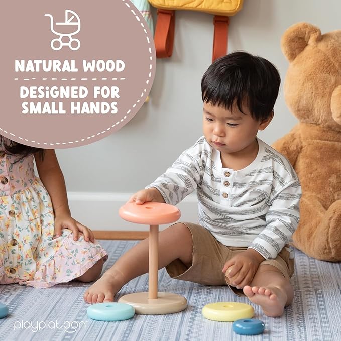 Play Platoon Wooden Rainbow Stacking Toy Ring Stacker, Educational Interactive Learning Toys, Create Stacks of Circles for Kids, Babies, Toddlers and Children