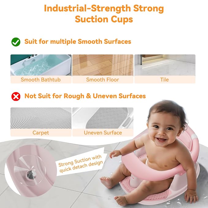 Baby Bath Seat for Babies 6 Months & Up - 360° Protection Baby Bath Chair with Temperature Alert & Cushion | Non-Slip Toddler Bathtub Seat | Newborn Infant Bath Tub Seats for Babies Sitting Up (Pink)