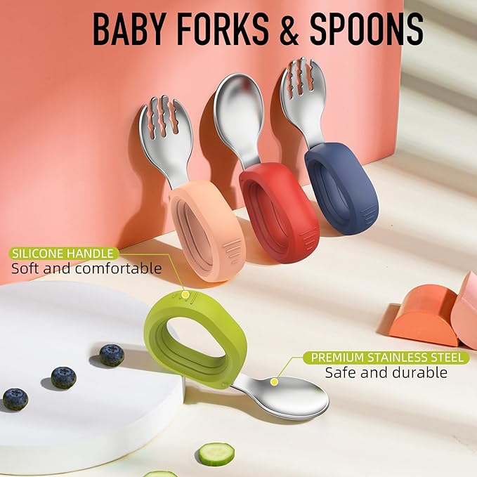Toddler Utensils Baby Utensils Toddler Forks and Spoons Baby Forks and Spoons Set Kids Stainless Steel Silverware Set Children Safe Forks and Spoons self feedig-Dishwasher Safe(Red+Blue)
