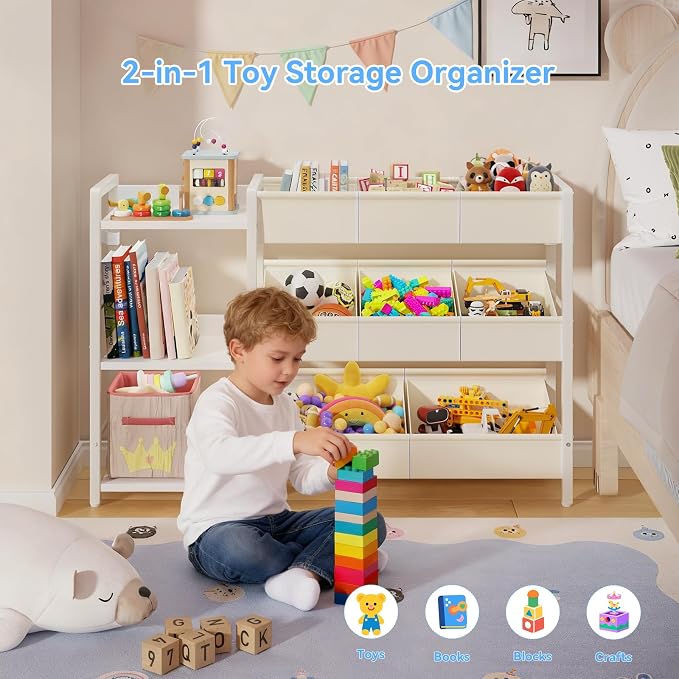 B7 Toy Storage Organizer with 3-Tier Wooden Shelves, Toy Chest Storage with 8 Bins, Toy Shelf Organizer, Kids Bookshelf and Toy Storage for Kids Room, Bedroom, Playroom, Nursery