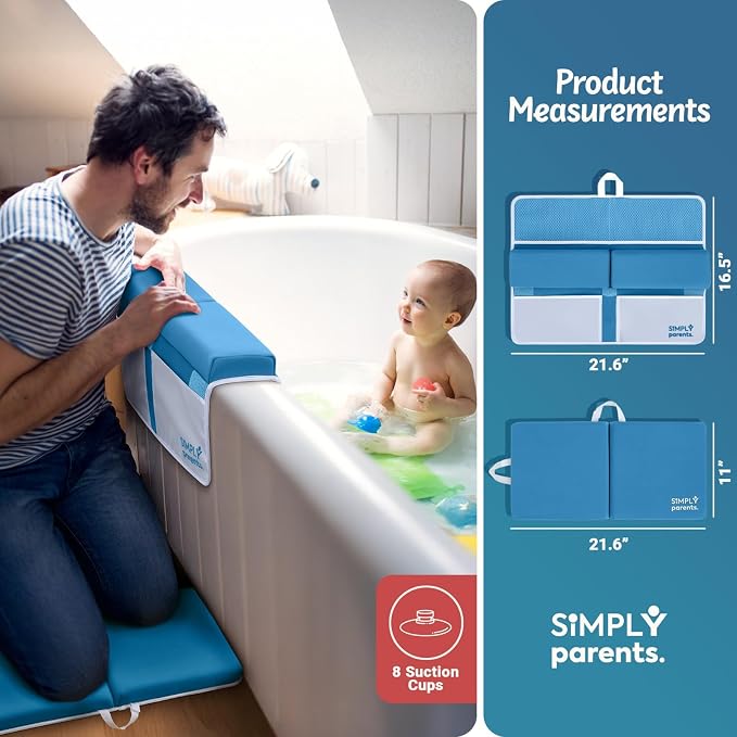 Simply Parents Comfortable Baby Bath Kneeler and Elbow Rest Pad Set - Quick-Dry Non-Slip Bath Kneeling Pad for Bathing Baby, Baby Bath Time Essentials for Newborn, Baby Bath Accessories for Tub, Blue