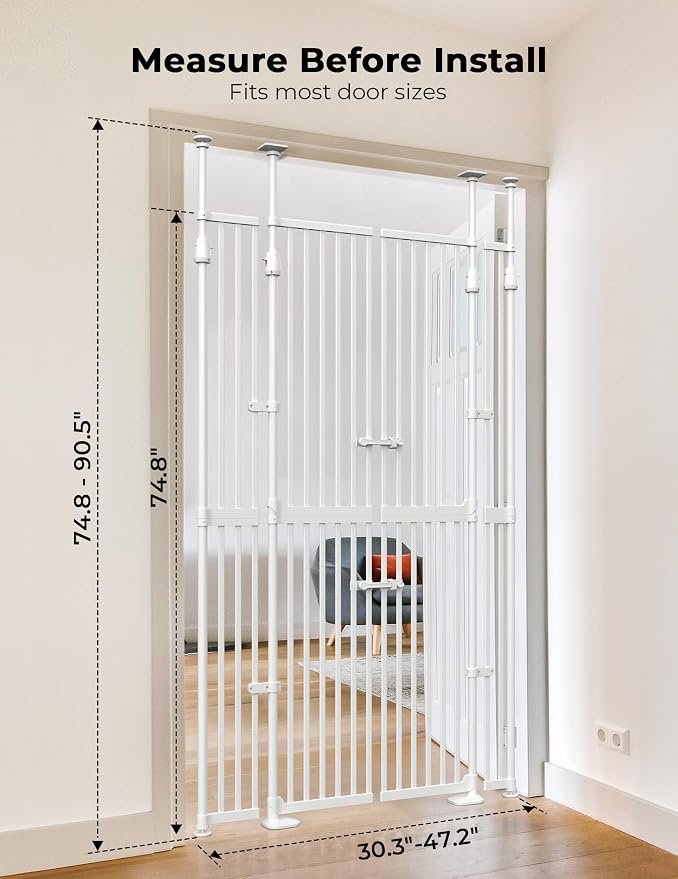 Extra Tall Cate Gate for Doorway: Pressure Mount 74.8"-90.5" Tall Cat Gate for Pets in Extra 30.3"-47.2" Width No Wall Drilling No Toddler for Indoor Stairs Hallway Room Safety Barrier