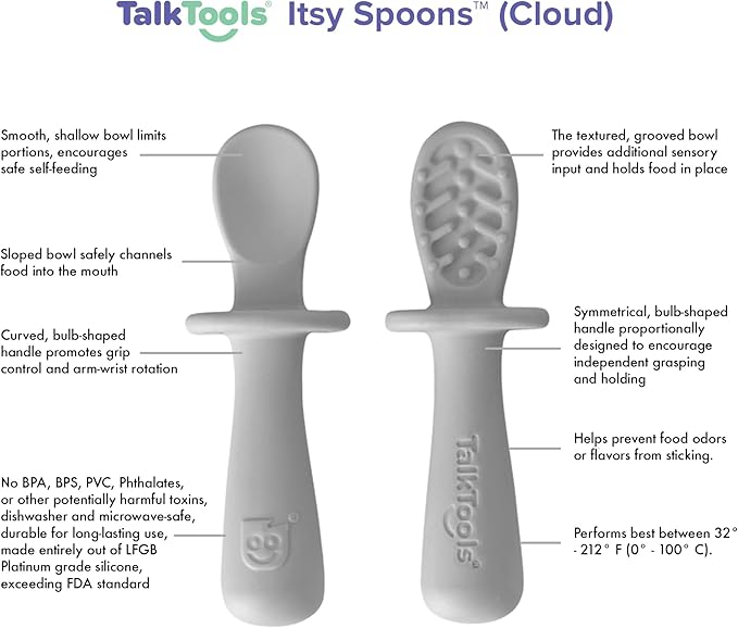 TalkTools ITSY Tiny Silicone Spoons ??Twin Pack Soft Silicone Self-Feeding Training Spoons for Kids & Toddlers, Anti-Choking Flange Guard and Non-Slip Handle (Cloud)