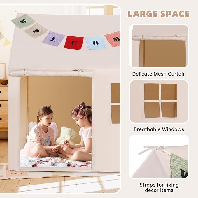 Kids Play Tent Large Playhouse Indoor Outdoor Play House Tent for Boys Girls Toddlers Castle Tents with Banners (Beige(with One Window))