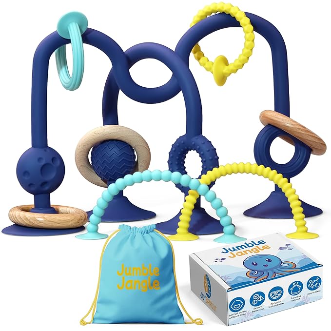 JoySprout Jumble Jangle Baby Teething Toys ??Suction Cup High Chair Toys for Babies 6-12 Months | BPA-Free Baby Suction Toy for Highchair Tray, Table, Sensory Play, Teething Relief Essentials