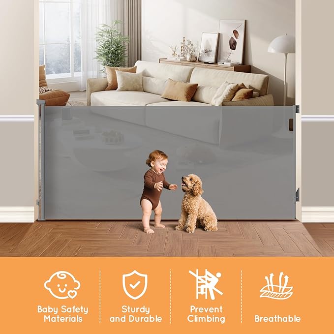 Retractable Baby Gate, 38" Extra Tall Mesh Dog Gate with Auto-Tension Design, 71" Wide One-Hand Operation Doorway Gates for Pets & Babies, No Bottom Rail Safety Gate for Hallways, Gray