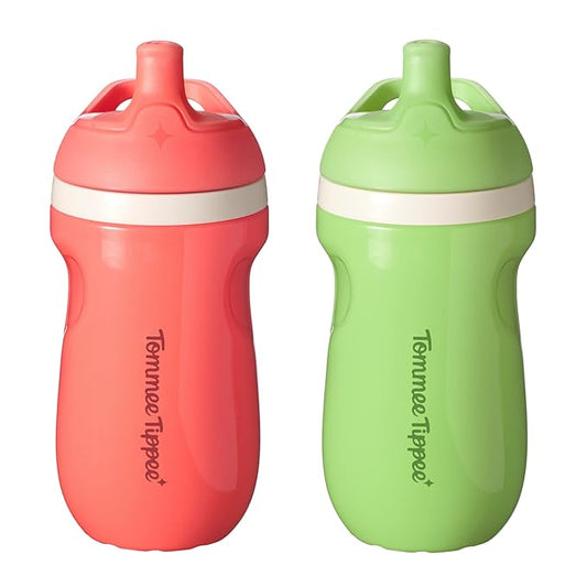 Tommee Tippee Insulated 9oz Sporty Spout Toddler Water Bottle, No Spill, Sippy Cups for Toddlers 1-3, Two-Piece Valve Helps Stop Spills, Green & Red, BPA Free, Pack of 2