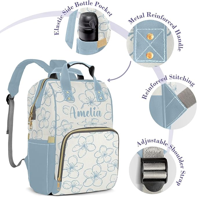 Custom Diaper Backpack, Upgraded Large Capacity Baby Changing Bag, Personalized with Name, Multifuction Mommy Backpack with Insulated Pockets for Boys Girls, Floral