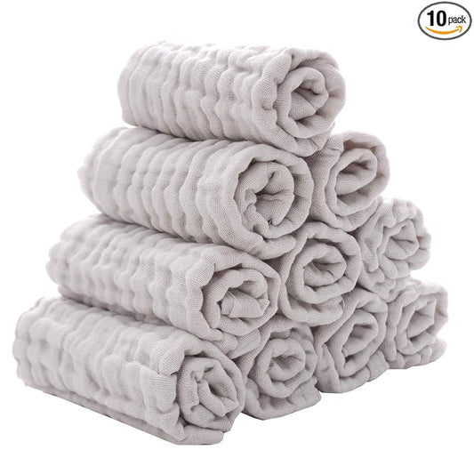 MUKIN Baby Washcloths - Natural Cotton Baby Wipes - Soft Newborn Face Towel for Sensitive Skin - 10 Pack, 12x12 inches