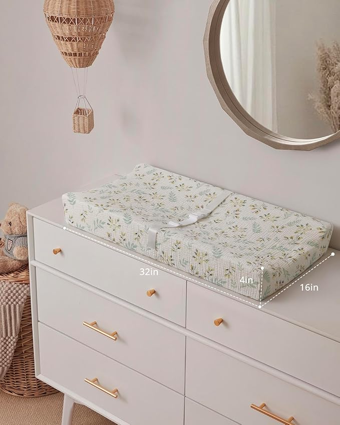 Blissful Diary Muslin Baby Changing Pad with Waterproof Lining Foam, Diaper Changing Table Pad with Cover for Dressers (Botanical Leaf, Rectangular)