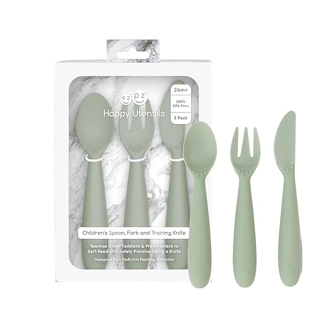 ezpz Happy Utensils (Sage) - 24 Months+ - BPA Free Toddler Utensils - Fork, Spoon and Knife for Toddlers and Preschoolers - Kids for Self-Feeding Development