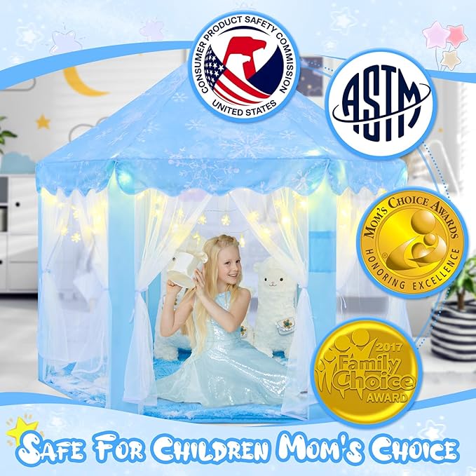 Frozen Tent for Girls Age 4-7, Princess with Snowflake Lights, Kids Play Tent for Girls Indoor, Princess Castle Playhouse for Toddlers, Blue Frozen Toy 55x53 inch