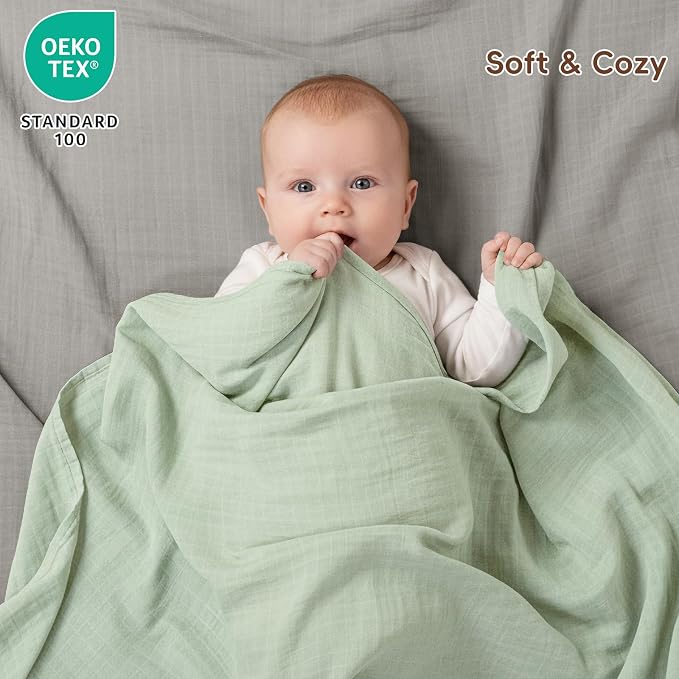 david's kids 4 Pack Baby Muslin Swaddle Blankets 47" x 47", 100% Cotton Swaddle Wrap for Boys Girls, Ultra Soft Breathable Receiving Blanket for Newborns, Sepia & Sage Green & White Cap & Grey