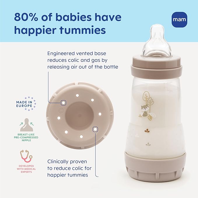 MAM 9oz Easy Start Anti-Colic Wide Neck Vented Baby Bottle, Medium Flow Breastfeeding-Like Nipple, Reduces Colic Gas & Reflux, Easy to Clean, BPA Free, 2+ Months, Made in Europe, 2 Pack, Unisex