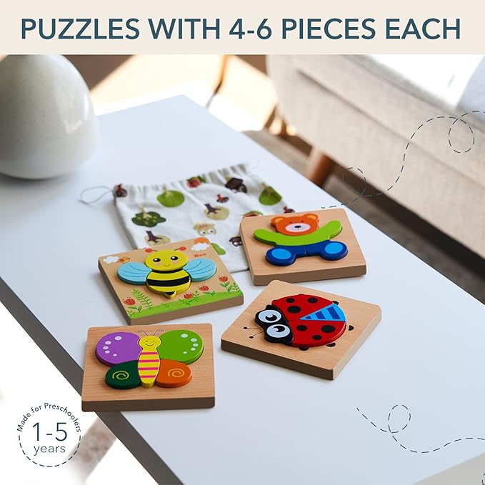 Magifire Wooden Puzzles, Set of 4 Puzzle Toys for Kids Toddlers 1–3, Baby Educational Animal Toys with Chunky Pieces & Bag - Butterfly, Bee, Ladybug, Bear