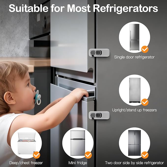 Child Proof Refrigerator Lock for Kids, 2 Pack Baby Safety Fridge Locks for Kids, No Tools Need or Drill Freezer Latch to Keep Door Closed for Residential Garage Fridge or Camper RV Refrigerator, Gray