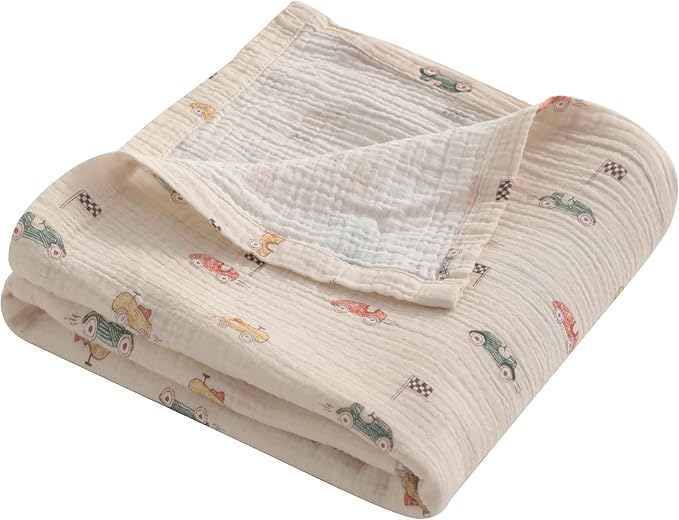 NTBAY Muslin Baby Swaddle Blanket, 2-Layer, 30x40 Lightweight Receiving Blanket for Newborns and Infants, Crib Stroller Travel Use, Retro Race Car