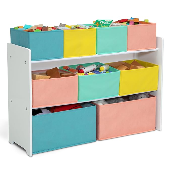 Delta Children Deluxe Multi-Bin Toy Organizer with Storage Bins - Greenguard Gold Certified, White with Blue/Orange/Pastel Bins