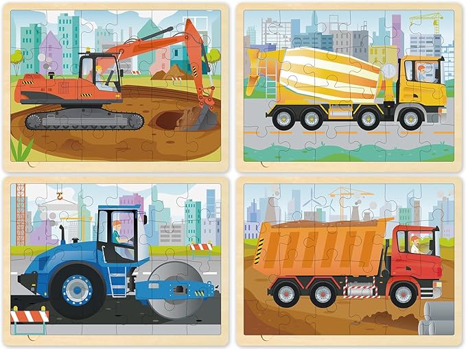 24 Piece Puzzles for Kids Ages 3-5, 4 Packs Wooden Jigsaw Puzzles for 3 Year Old Boys Girls, Construction Vehicle Puzzle for Kids Ages 4-6