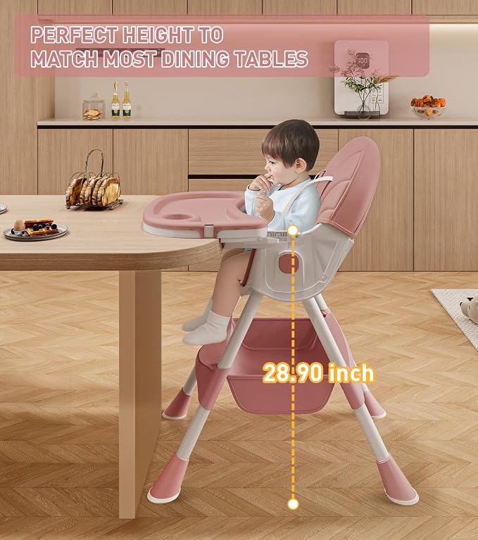Baby High Chair, 5 in 1 High Chairs for Babies and Toddlers, Travel Foldable High Chair with Detachable PU Cushion, Double Removable Tray, Adjustable Height & Recline, Locking Wheels (Pink)