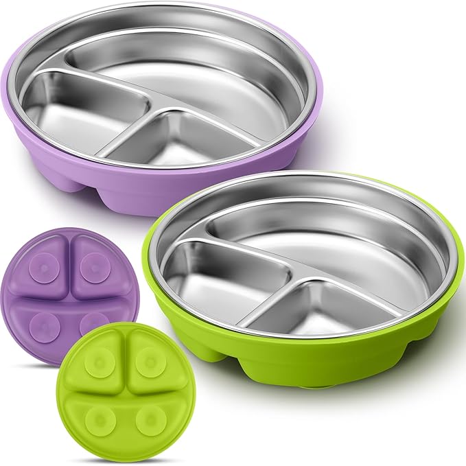 Nuogo 2 Pcs Stainless Steel Baby Suction Plates with Removable Silicone Shell 2-in-1 Metal Toddler Bowl Divided for Picky Eaters Kids Feeding Led Weaning Supplies, Dishwasher Safe (Purple,Green)