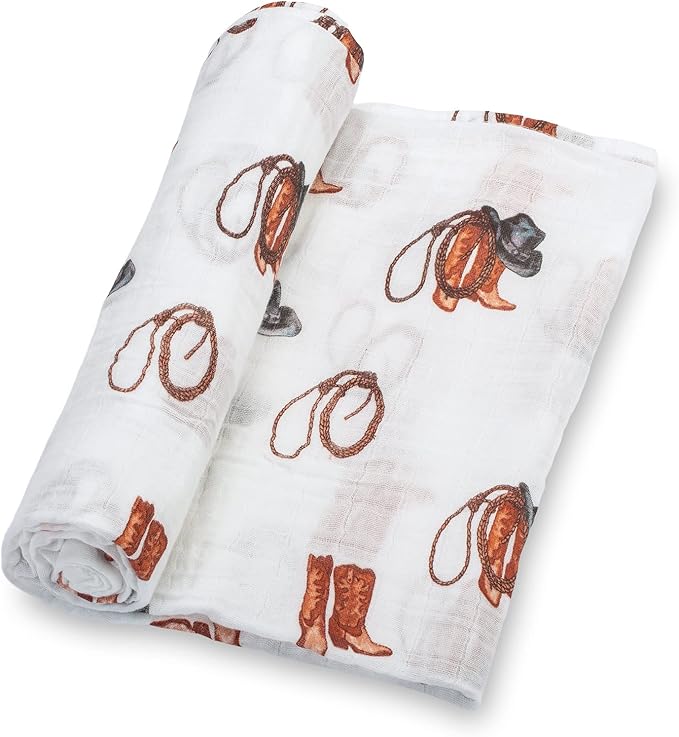 LollyBanks Muslin Swaddle Blankets for Boys, Large 47 x 47 Inches Swaddles for Newborns, 100% Cotton Breathable and Lightweight Baby Blanket, Baby Essentials, Registry (Cowboy and Horseshoe 2 Pack)