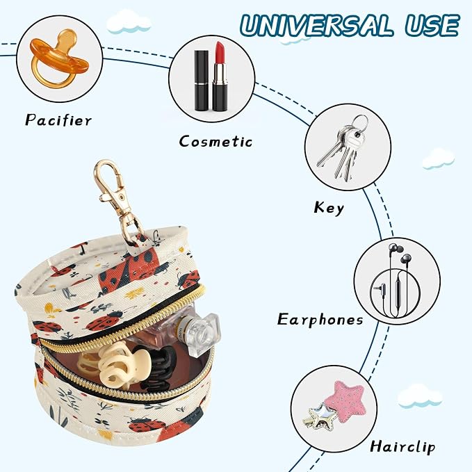Pacifier Holder with Clip Pacifier Case for Diaper Bag Round Baby Pacifier Pouch Box Bag Portable Spring Ladybugs Flowers Dots