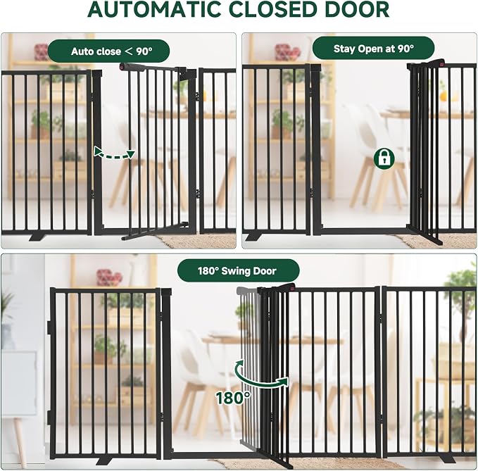 Snagle Paw Metal Freestanding Dog Gate with Door,80” W x 36” H Dog Fence with Support Feet for Doorways, Stairs and Hallways, Portable Pet Gate for Indoor Use (4 Panel, Black)