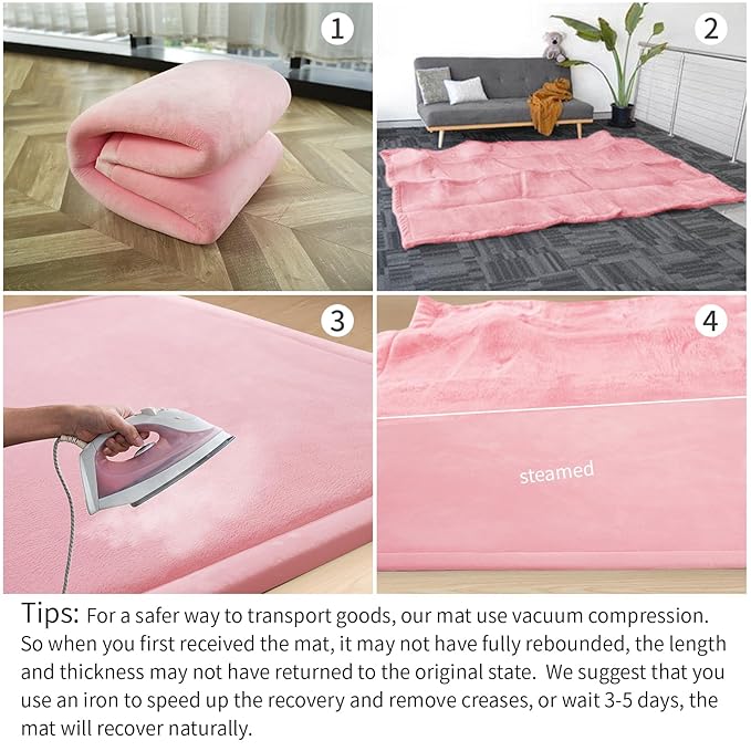 Baby Play Mat for Floor,1.3" Thick Memory foam Tummy Time Mat,Soft Coral Velvet Nursery Rug,Extra Large Non Slip for Crawling,Toddlers,Infants,kids,Yoga&Tatami Style for Living Room(Pink)