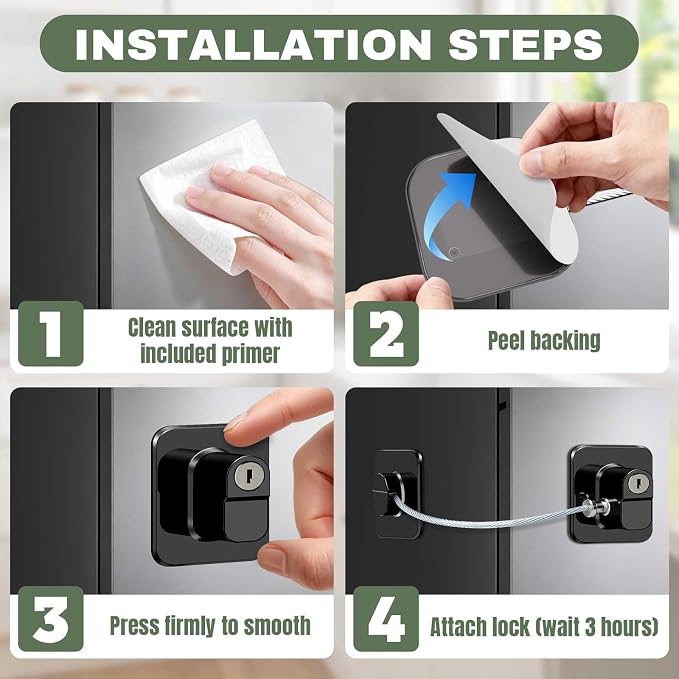 3 Pack Fridge Lock with Keys - Child Proof Cabinet Locks Baby Proofing Refrigerator Lock with Adhesive for Freezer, Cabinets, Closet, Drawers, Black