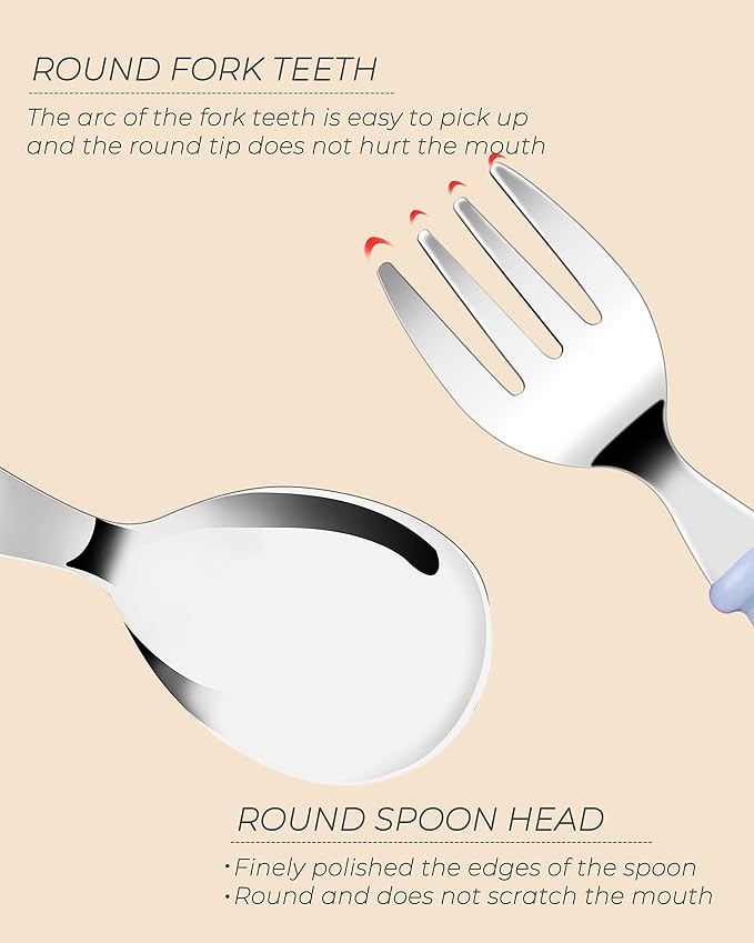 DF DUALFERV 10 pcs Toddler Utensils, Stainless Steel Toddler Silverware Set with Round Handle, Baby Forks for Self Feeding, 5 Forks and 5 Spoons