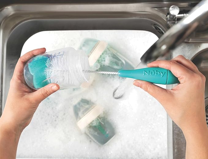 Nuby Bottle and Nipple Brush with Bristles and Sponge Tip | 3 Pack: Aqua, Blue, Lime or Aqua, Coral, Lime | Hanging Handle with Hook for Drying