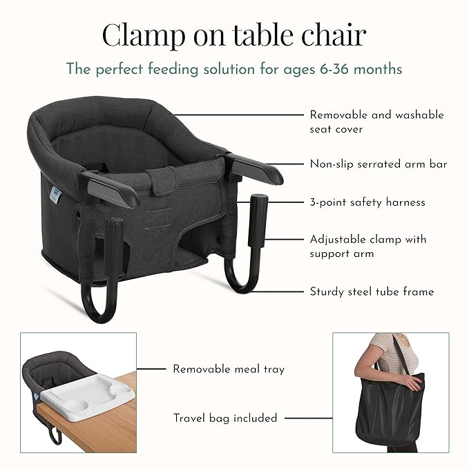 Evolur Clamp-On Comfort Table Chair, Portable Clip-On High Chair for Babies & Toddlers (6??6 Months), Removable Washable Seat Cover, Dishwasher-Safe Tray, Foldable Design with Carry Bag ??Black