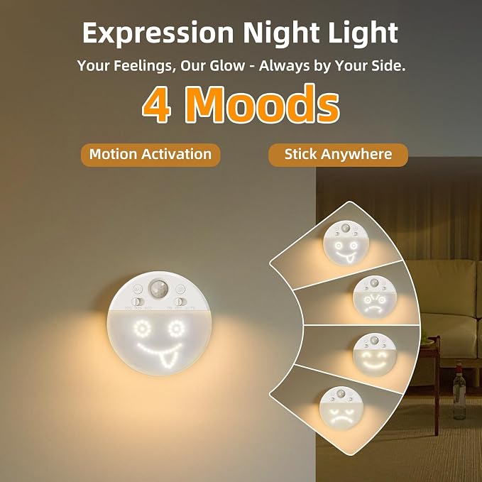 MY BEAUTY LIGHT Motion Sensor LED Night Light with 4 Facial Expressions, 2 Pack 3000K Soft Warm White Dimmable Hallway Light, Rechargeable LED Wall Sconces with Timer, Mood Light for Kids Adults