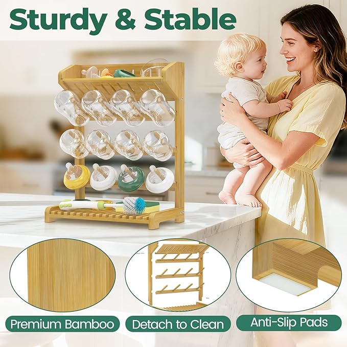 EsLuker.ly Baby Bottle Drying Rack Bamboo Vertical Dryer Holder, Space Saving for 12 Milk Glass Bottle Countertop, Wooden Drain Stand Shelf for New Parents