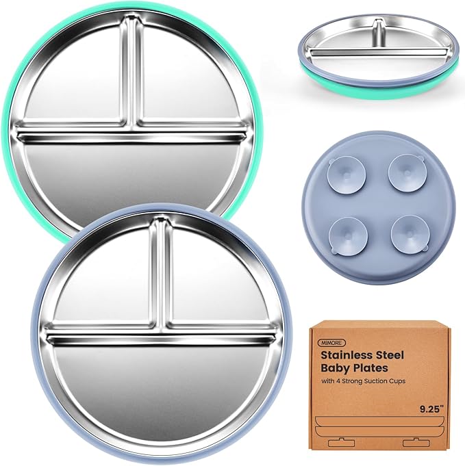MIMORE Stainless Steel Toddler Plate - 2 Pack 9.25" Stainless Steel Baby Plates with Suction - Non Toxic & BPA Free (Navy Blue & Teal)