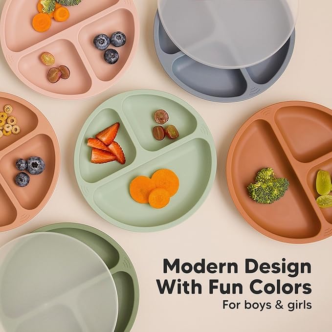 KeaBabies Suction Plates with Lids for Baby - 3-Pack 100% Silicone Toddler Plates with Suction, Divided, BPA-Free Baby Led Weaning Essentials for Kids, Dishwasher, Microwave Safe, Durable (Macaron)