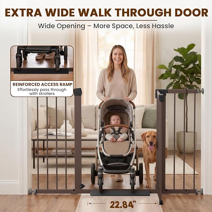 Mumeasy Baby Gate Extra Wide, 29.7-51'' Pressure Mounted Dog Gate with Walk Thru Door, Auto Close Pet Gate for House, Stairs, Doorways,Brown